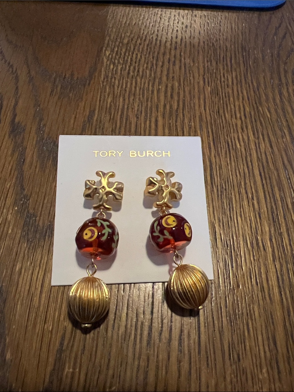 Tory Burch Gold Tone Earrings with Red Floral Glass Beads and Gold Drops